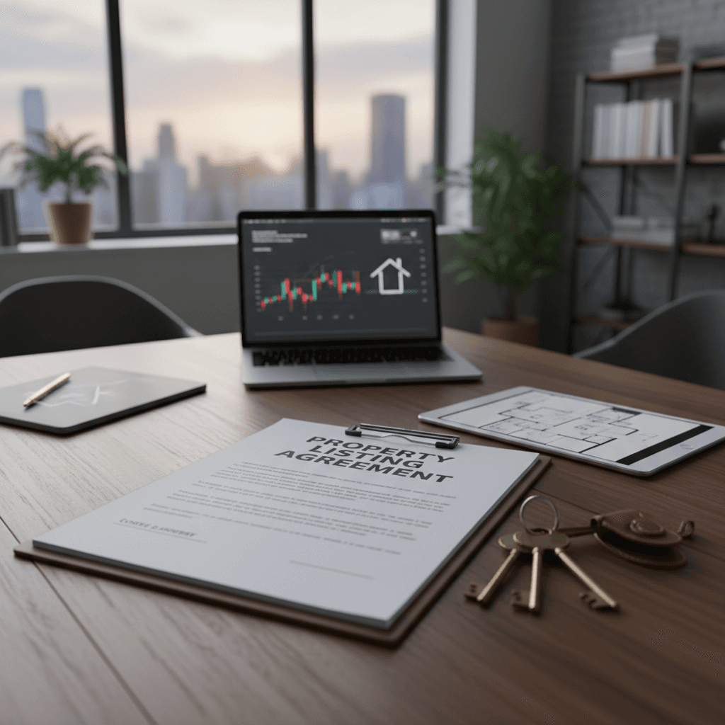 property listing documents and house keys on wooden desk with professional background