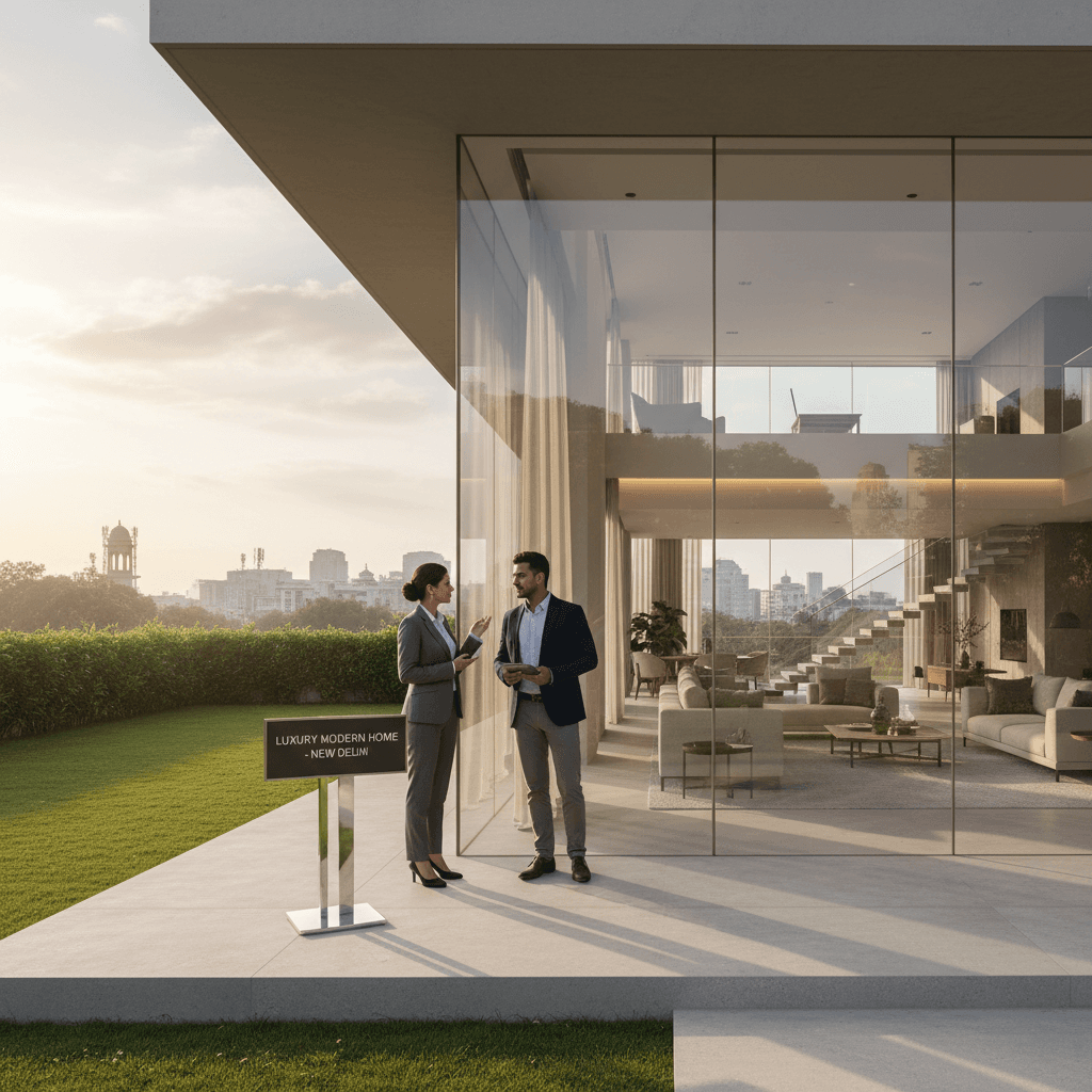 professional real estate agent showing modern residential property to interested buyer in New Delhi neighborhood